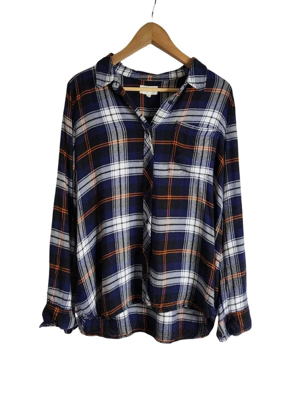 Melloday Navy White Orange Plaid Flannel Button-down Shirt Cozy Material Size XL